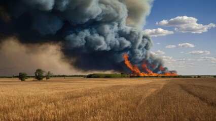 Fototapeta premium Dramatic wildfire smoke billows across a golden wheat field under a blue sky with scattered clouds showcasing vibrant orange flames in the distance.