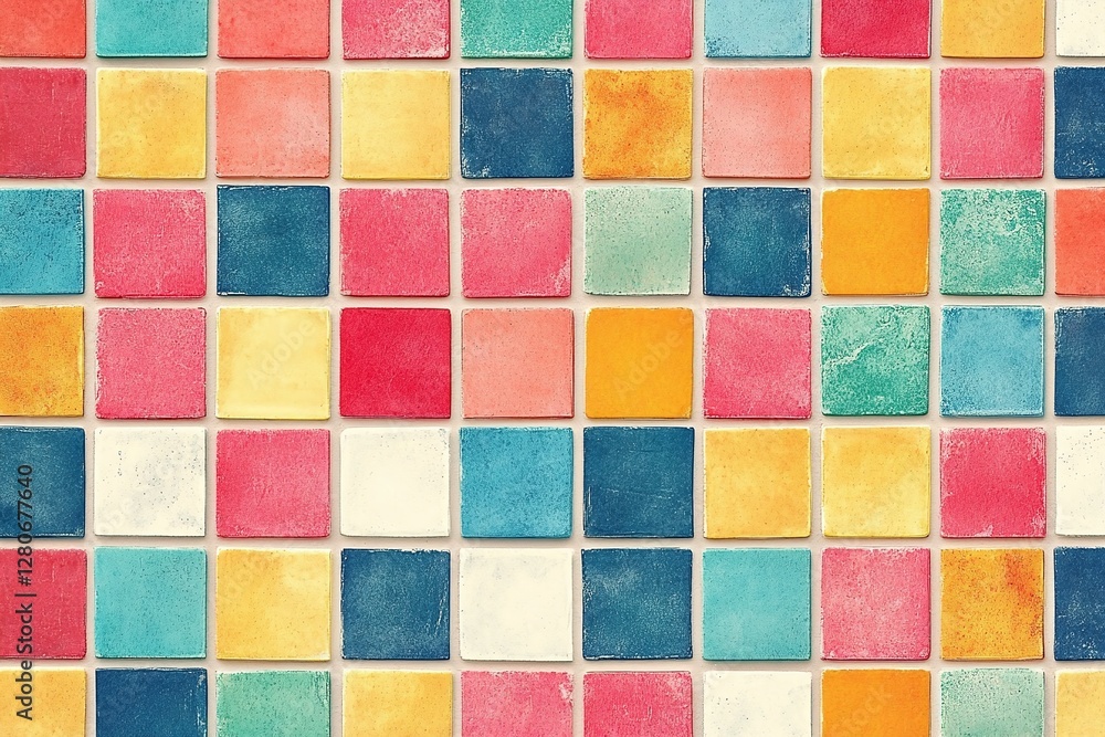 Poster vibrant multicolored square tile pattern with rustic textured background for decorative designs