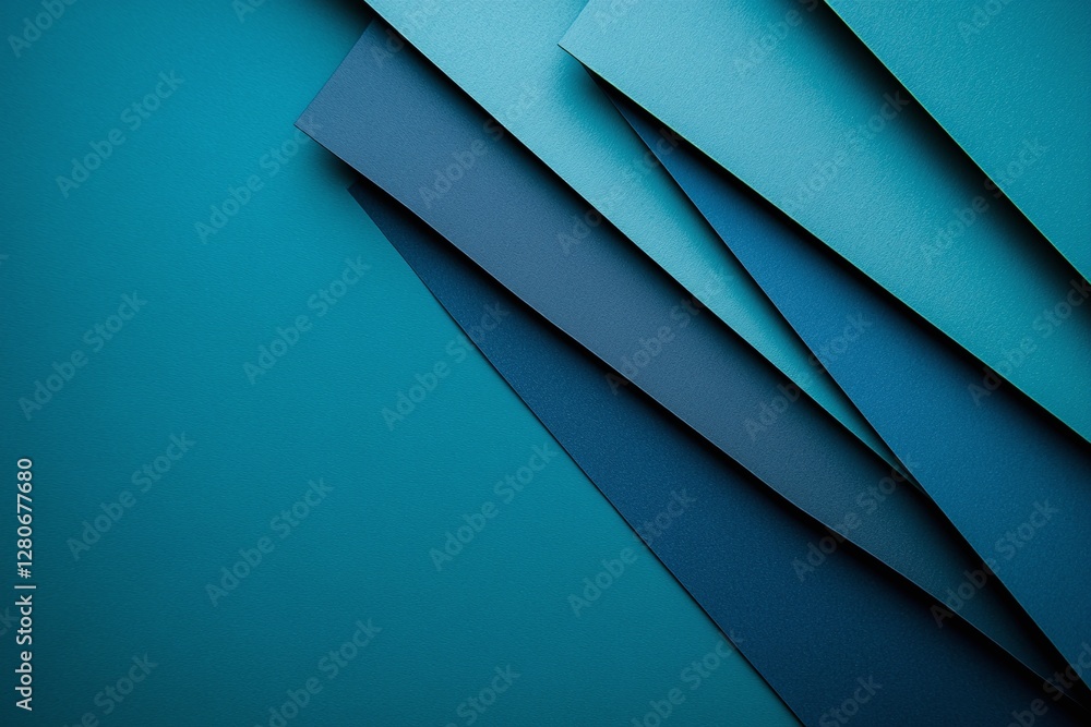 Poster overlapping blue and teal textured paper layers in abstract geometric arrangement on solid backgroun