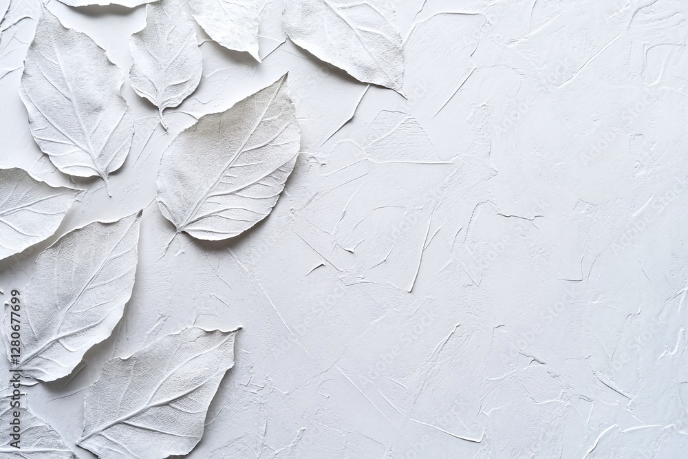 Poster white textured leaves on minimal textured background for nature art and design concepts