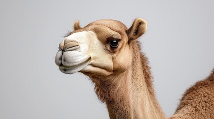 Obraz premium Dromedary camel portrait, close-up, neutral background, animal photography for websites
