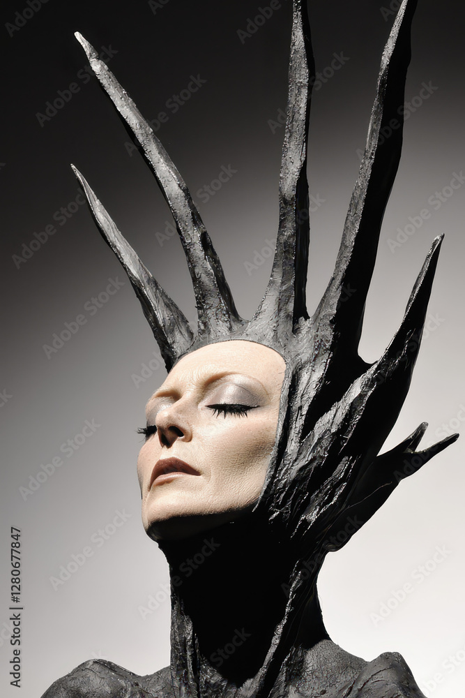 Poster an intriguingly abstract portrait capturing the essence of transformation in art through monochrome 