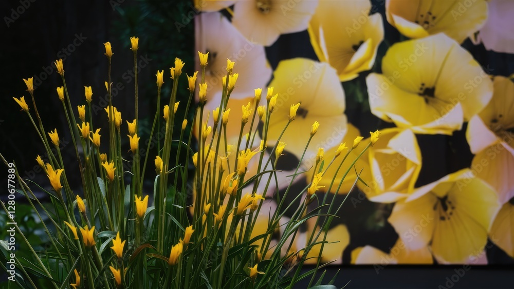 Poster vibrant yellow flowers in focus against a blurred abstract background of yellow blooms with soft lig