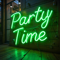Text "Party Time" Neon Sign pink color glowing light with cloud  Celebration Elements Illustration with Chalkboard Concept