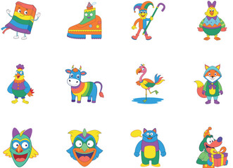 Collection of Festive Cartoon Characters Celebrating a Party