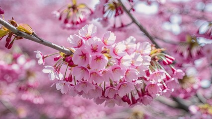 Closeup of soft pink cherry blossoms in full bloom against a blurred pink background with vibrant green leaves highlighting the delicate flowers