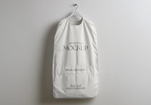 Premium garment bag mockup with a realistic hanging clothing cover case and pouch PSD, featuring a high-quality dust and water-resistant suit bag