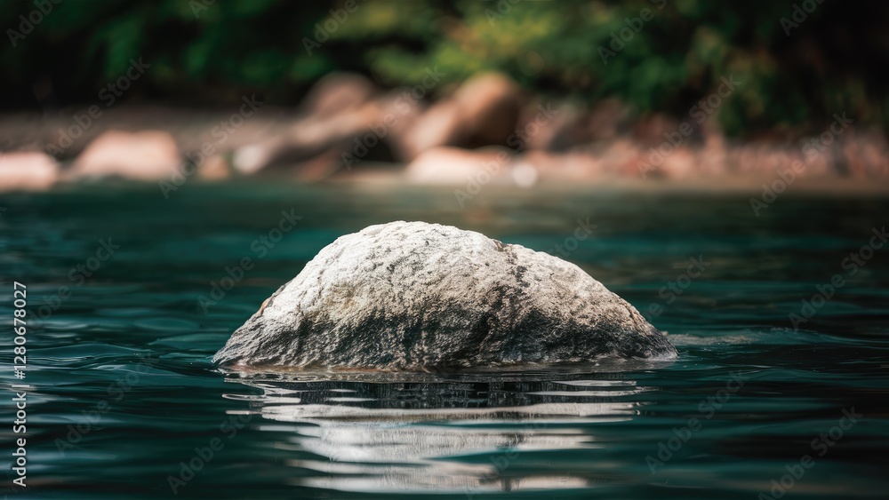 Poster serene rock emerging from calm water with soft bokeh background greens, reflections creating a tranq