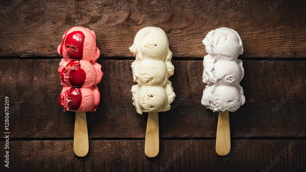 Poster colorful ice cream sticks arranged neatly on a dark wooden surface featuring three scoops in red whi