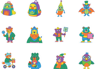 Twelve Adorable Cartoon Animals with Backpacks Bicycles and More