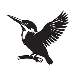 Kingfisher bird Silhouette Vector Illustration, Solid White Background.