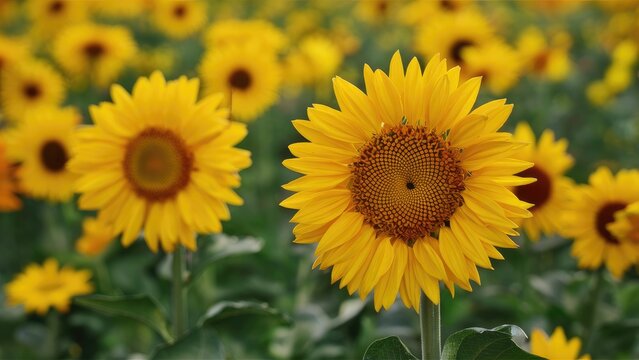 Vibrant sunflower field with bright yellow blooms in focus surrounded by a sea of yellow flowers under clear blue sky in the background