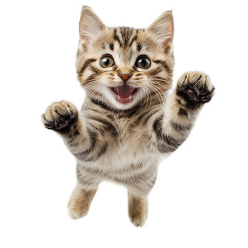 Happy smiling cat jumping in front view, isolated on white background. Detailed, high-quality PNG photo cutout.