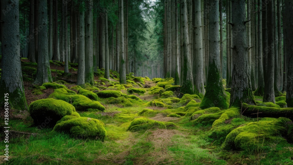 Poster lush green moss blankets a serene forest pathway surrounded by tall, straight trees under soft diffu