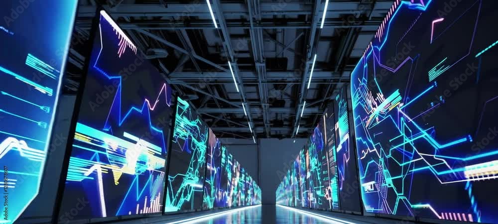 Poster futuristic data center with dynamic digital light displays and advanced network infrastructure