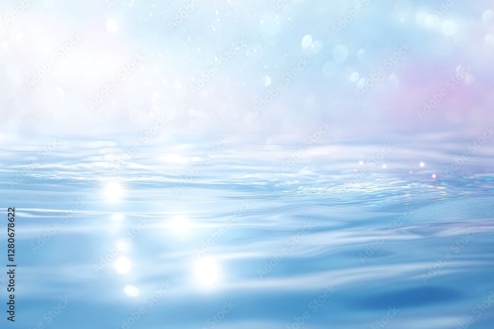 Poster serene light reflections on gentle blue water surface with soft gradient background for calmness and