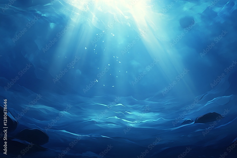 Poster deep underwater ocean scene with sunlight rays and blue gradient seabed background