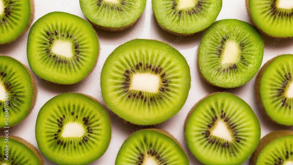 Poster sliced kiwi fruit arranged in a circular pattern on a white background with vibrant green flesh and 