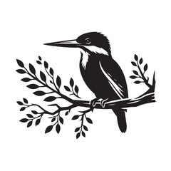 Kingfisher bird Silhouette Vector Illustration, Solid White Background.