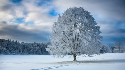 Solitary snow-covered tree in winter landscape surrounded by a vast white field under a dramatic cloudy sky with hints of blue and gray.