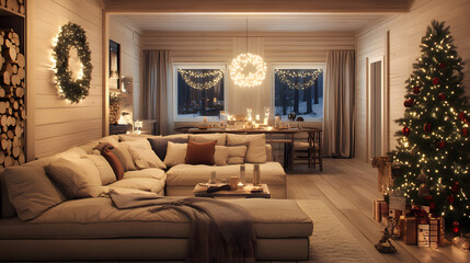 warm and inviting modern interior features large cozy sofa, decorated Christmas tree, and ambient lighting, creating festive atmosphere