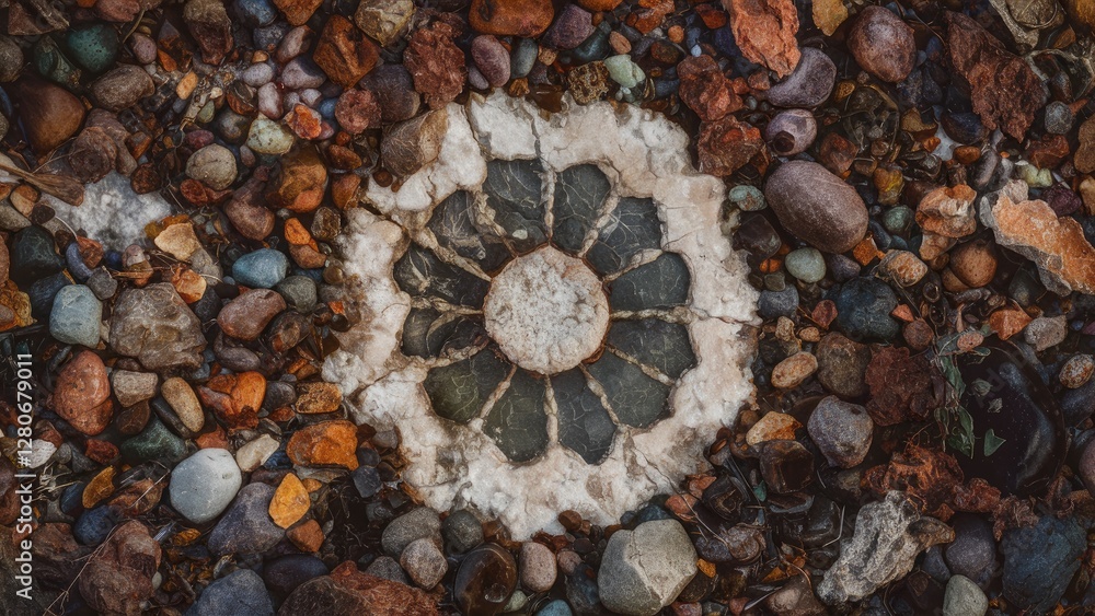 Poster detailed top view of a circular sliced rock formation surrounded by colorful pebbles and minerals in