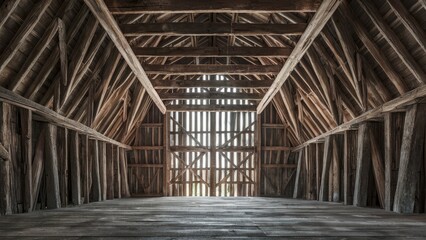 Rustic barn interior showcasing aged wooden beams and brown tones, with sunlight streaming through wooden slats creating a warm, inviting atmosphere.