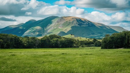 Fototapeta premium Lush green meadow with vibrant grass in foreground, majestic hills in background under a blue sky with fluffy clouds. Scenic natural landscape.