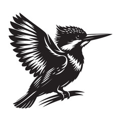 Kingfisher bird Silhouette Vector Illustration, Solid White Background.
