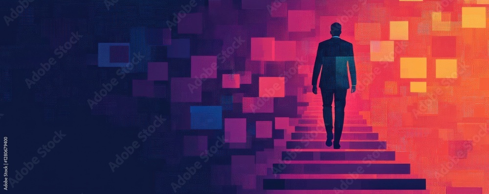 Aufkleber a silhouette of a person walking up digital steps, surrounded by colorful abstract patterns, symboli