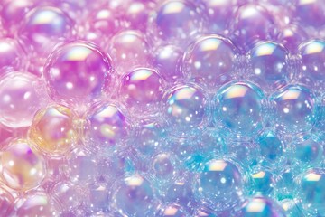 Fototapeta premium Closeup of Shimmering Soap Bubbles with Pastel Pink and Blue Reflections on a Soft Gradient Background