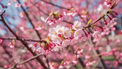 Obraz premium Cherry blossom twigs with delicate pink flowers against a soft blue sky background showcasing vibrant spring colors in full bloom