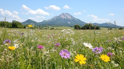 Obraz premium Wildflower meadow, mountain backdrop, sunny day, nature scene, travel
