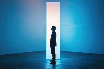 Obraz premium Silhouette of a man standing before a luminous gateway, symbolizing opportunity and new beginnings.