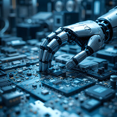 Close-up of an electronic circuit board with a computer chip and microchip android hand.