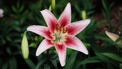 Vibrant pink and white lily flower in full bloom, surrounded by lush green foliage, with unopened buds positioned below the flower.