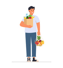 Young man holding a shopping bag and paper bag full of groceries. Eco-friendly concept. Healthy eating concept. Vector illustration
