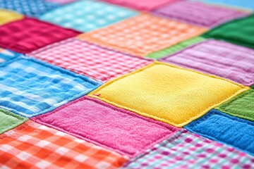 Patchwork Quilt Closeup with Colorful Fabric Squares in Bright Patterns on Smooth Background