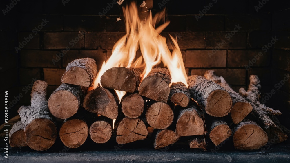 Aufkleber cozy fireplace setup featuring neatly stacked logs with a warm glowing fire against a dark brick bac