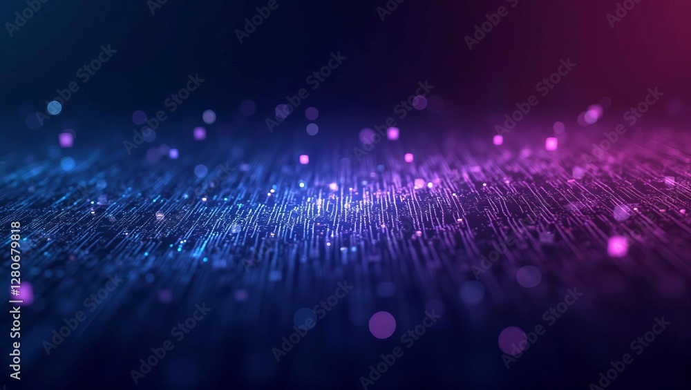 Poster modern abstract digital fiber optic technology background with purple bokeh effect, futuristic netwo