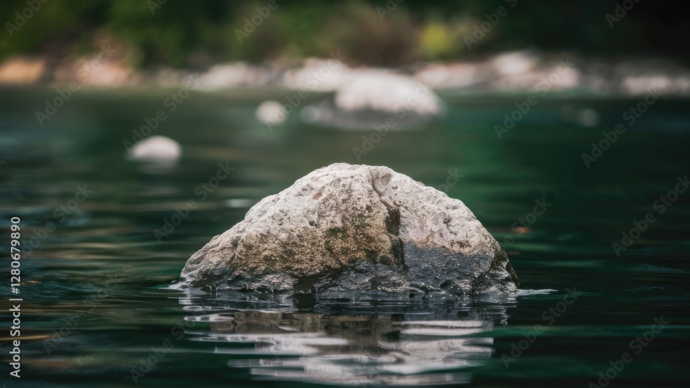 Aufkleber rock partially submerged in calm dark water with a smooth surface, blurred green bokeh background hi