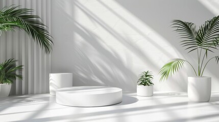 Fototapeta premium Minimal white room, cylinder podium, subtle palm leaf shadows, abstract product display setup