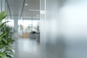 Frosted Glass Partition with Green Plants in Modern Office Interior with Natural Light and Blurred Background