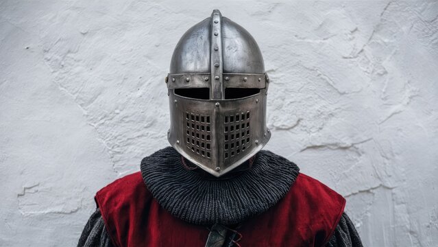 Medieval armet helmet inspired by Maximilian in silver tones, prominently displayed against a textured white wall, featuring a detailed design.