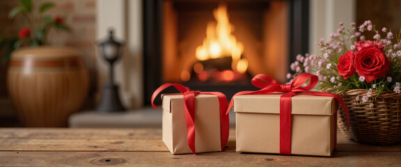 Luxury gift boxes by warm fireplace in opulent living room, holiday cheer