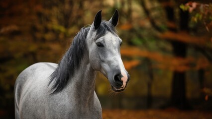 Obraz premium Stunning gray horse with a silky mane positioned centrally in a vibrant autumn forest with orange and yellow foliage in the background.