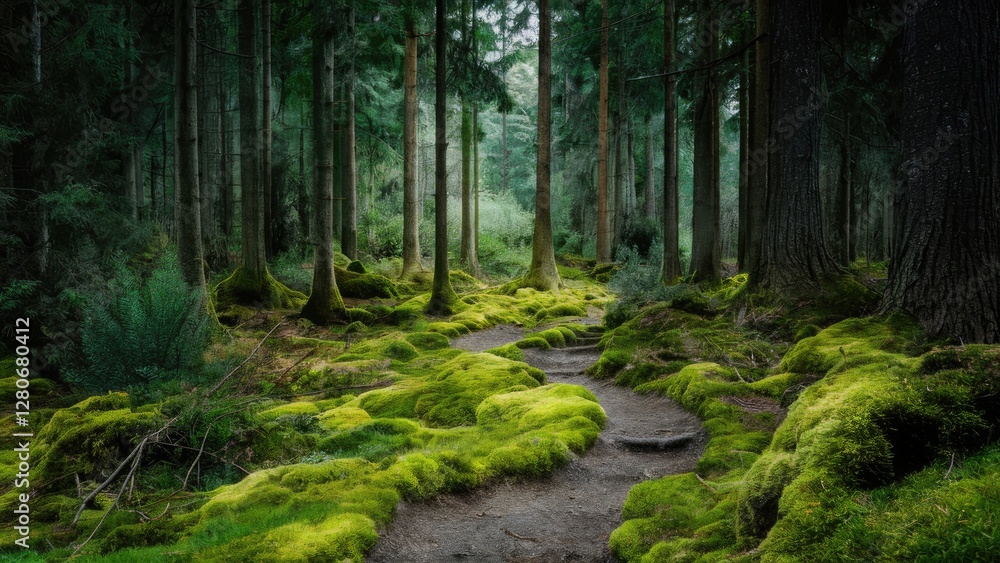 Poster moss-covered pathway winding through dense green forest with tall trees and soft diffused light crea