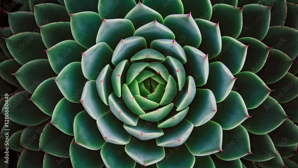Poster lush green succulent viewed from above with intricate layered leaves radiating in a circular pattern