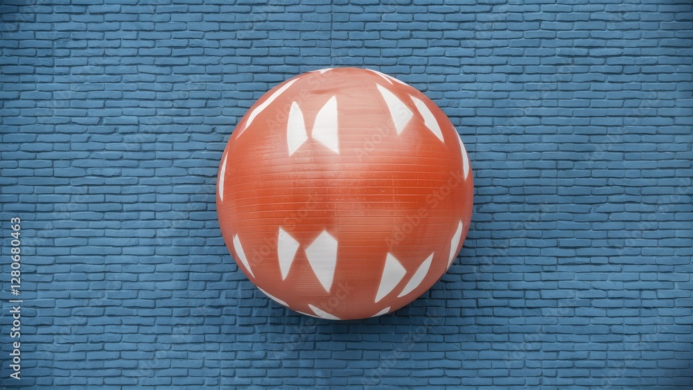 Poster red spherical object with white diamond patterns centered against a textured light gray brick wall, 