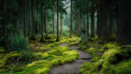 Fototapeta premium Moss-covered pathway winding through dense green forest with tall trees and soft diffused light creating a serene natural atmosphere